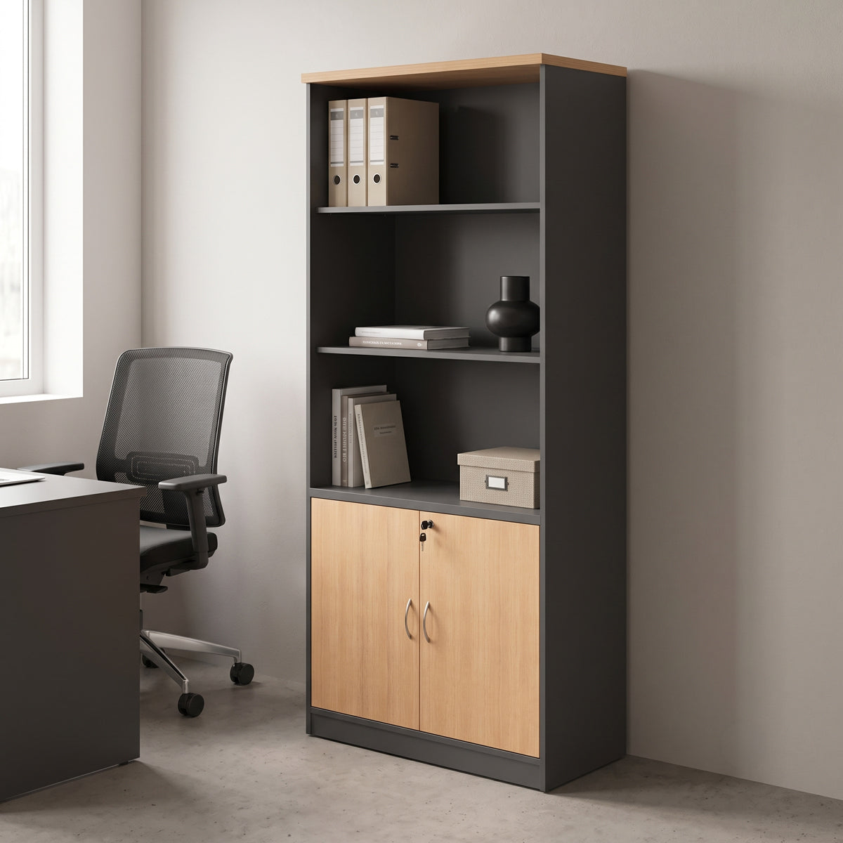 Bibliotecă Fesialo, Diverse culori, 80x40x180 cm - Natural-Antracit | SKU: 030-000035 | Bibliotecă Fesialo, 80x40x180 cm, varianta Natural-Antracit, produs pentru amenajarea locuinței, disponibil online în România la CasaMob