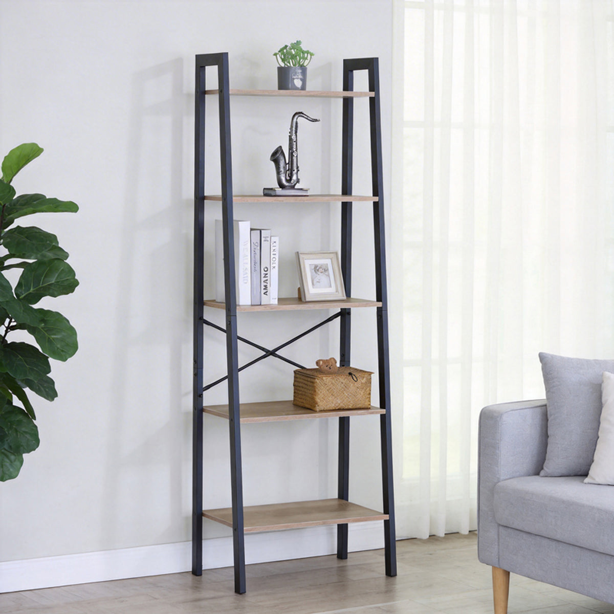 Bibliotecă Jebia, Metal, Stejar, 56x37x173 cm