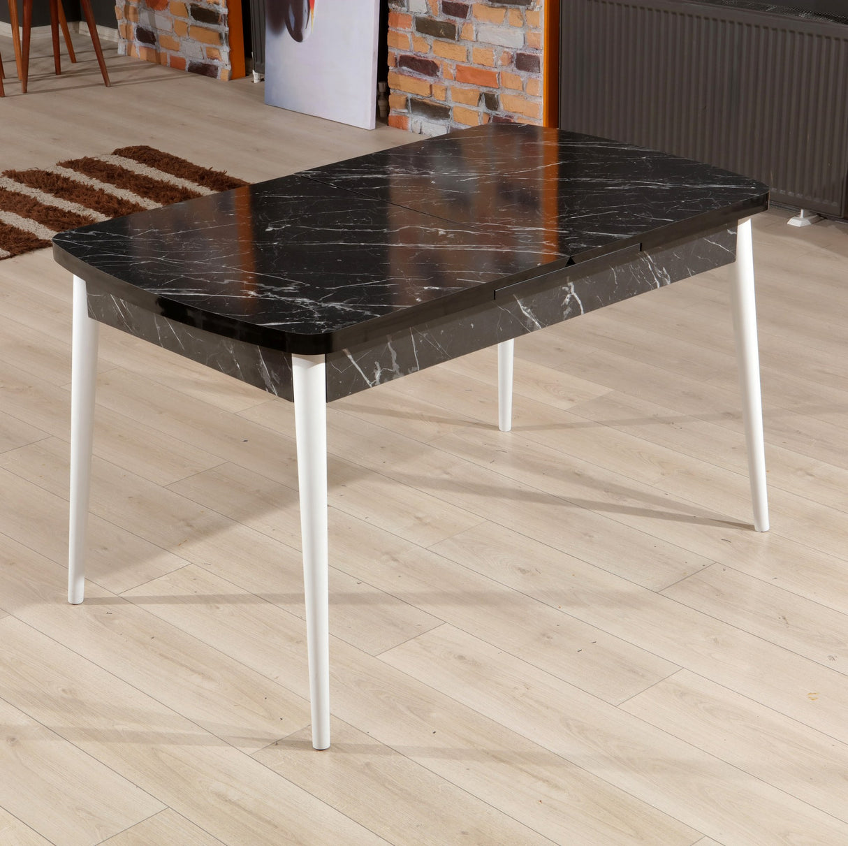 Masă dining extensibilă Bendir, Negru - Alb, 132x77x79 cm