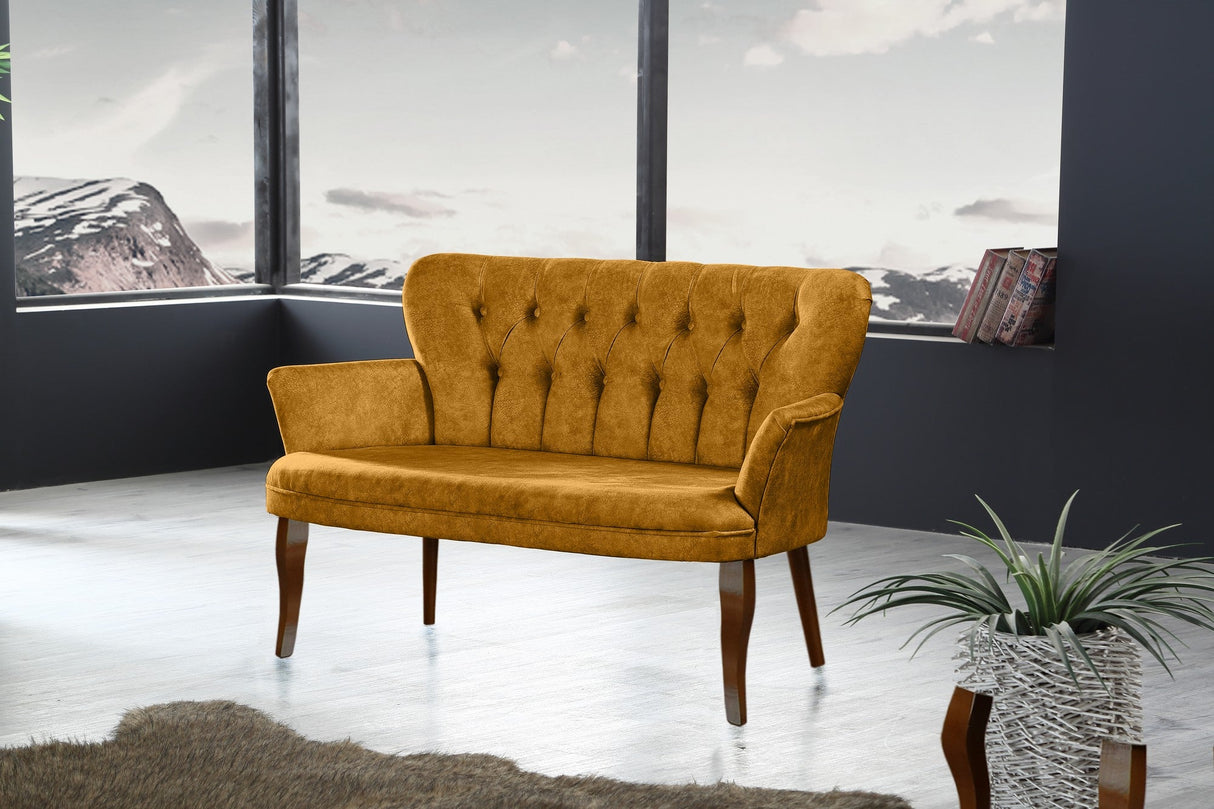 Canapea fixă 2 locuri Paris lemn nuc, Diverse culori, 130x46x82 cm - Muștar | SKU: 118BRN1209 | Canapea fixă 2 locuri Paris lemn nuc, 130x46x82 cm, varianta Muștar, produs pentru amenajarea locuinței, disponibil online în România la CasaMob