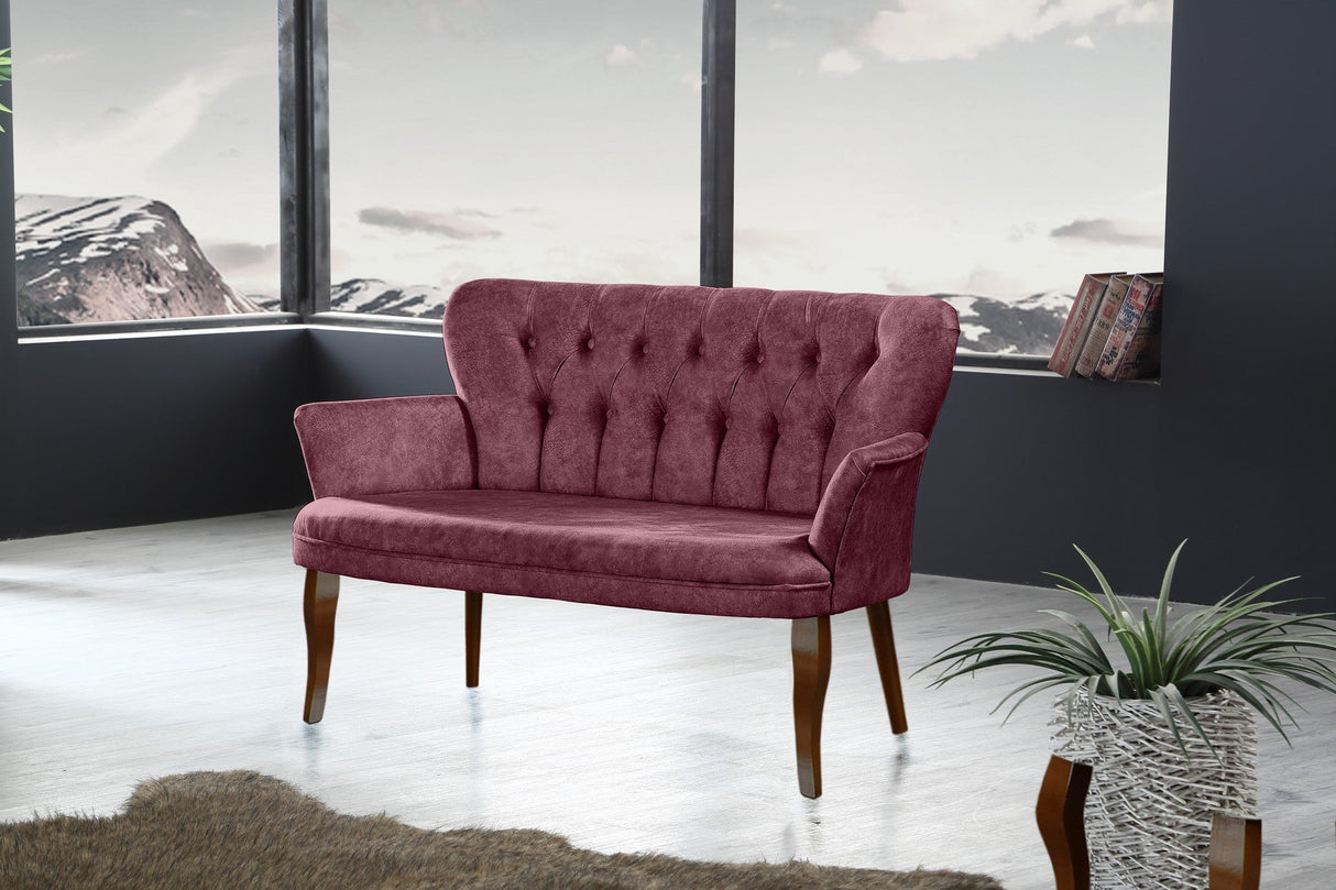 Canapea fixă 2 locuri Paris lemn nuc, Diverse culori, 130x46x82 cm - Roz pudrat | SKU: 118BRN1217 | Canapea fixă 2 locuri Paris lemn nuc, 130x46x82 cm, varianta Roz pudrat, produs pentru amenajarea locuinței, disponibil online în România la CasaMob