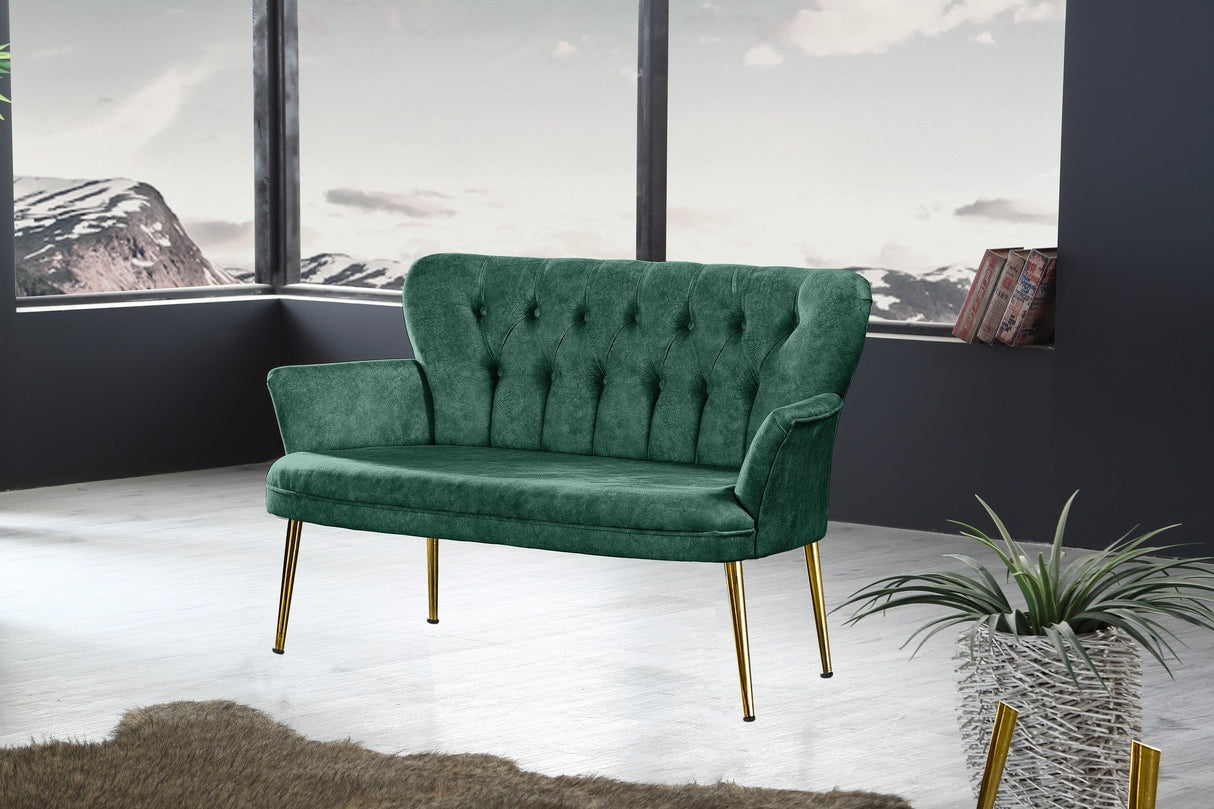 Canapea fixă 2 locuri Paris metal auriu, Diverse culori, 130x46x82 cm - Verde marin | SKU: 118BRN1235 | Canapea fixă 2 locuri Paris metal auriu, 130x46x82 cm, varianta Verde marin, produs pentru amenajarea locuinței, disponibil online în România la CasaMob