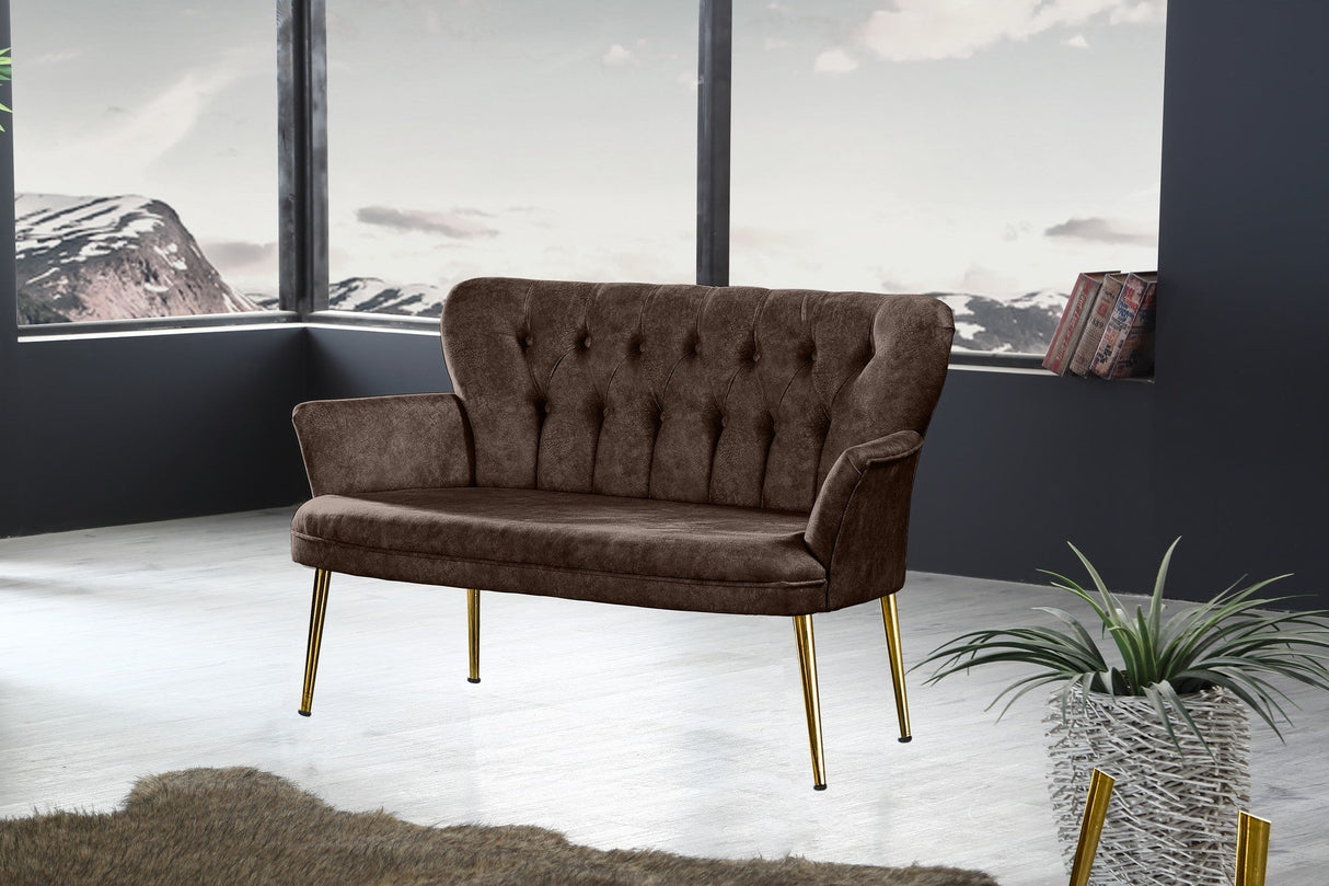 Canapea fixă 2 locuri Paris metal auriu, Diverse culori, 130x46x82 cm - Maro | SKU: 118BRN1240 | Canapea fixă 2 locuri Paris metal auriu, 130x46x82 cm, varianta Maro, produs pentru amenajarea locuinței, disponibil online în România la CasaMob