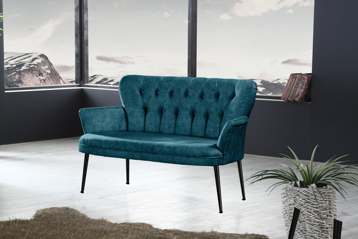 Canapea fixă 2 locuri Paris metal negru, Diverse culori, 130x46x82 cm - Albastru petrol | SKU: 118BRN1248 | Canapea fixă 2 locuri Paris metal negru, 130x46x82 cm, varianta Albastru petrol, produs pentru amenajarea locuinței, disponibil online în România la CasaMob