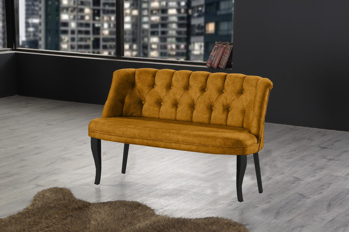 Canapea fixă 2 locuri Roma lemn negru, Diverse culori, 118x48x80 cm - Muștar | SKU: 118BRN1365 | Canapea fixă 2 locuri Roma lemn negru, 118x48x80 cm, varianta Muștar, produs pentru amenajarea locuinței, disponibil online în România la CasaMob