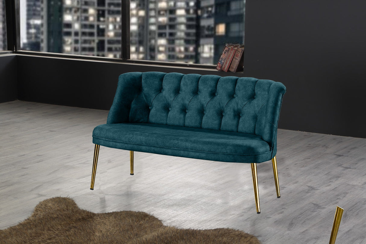 Canapea fixă 2 locuri Roma metal auriu, Diverse culori, 118x48x80 cm - Albastru petrol | SKU: 118BRN1380 | Canapea fixă 2 locuri Roma metal auriu, 118x48x80 cm, varianta Albastru petrol, produs pentru amenajarea locuinței, disponibil online în România la CasaMob
