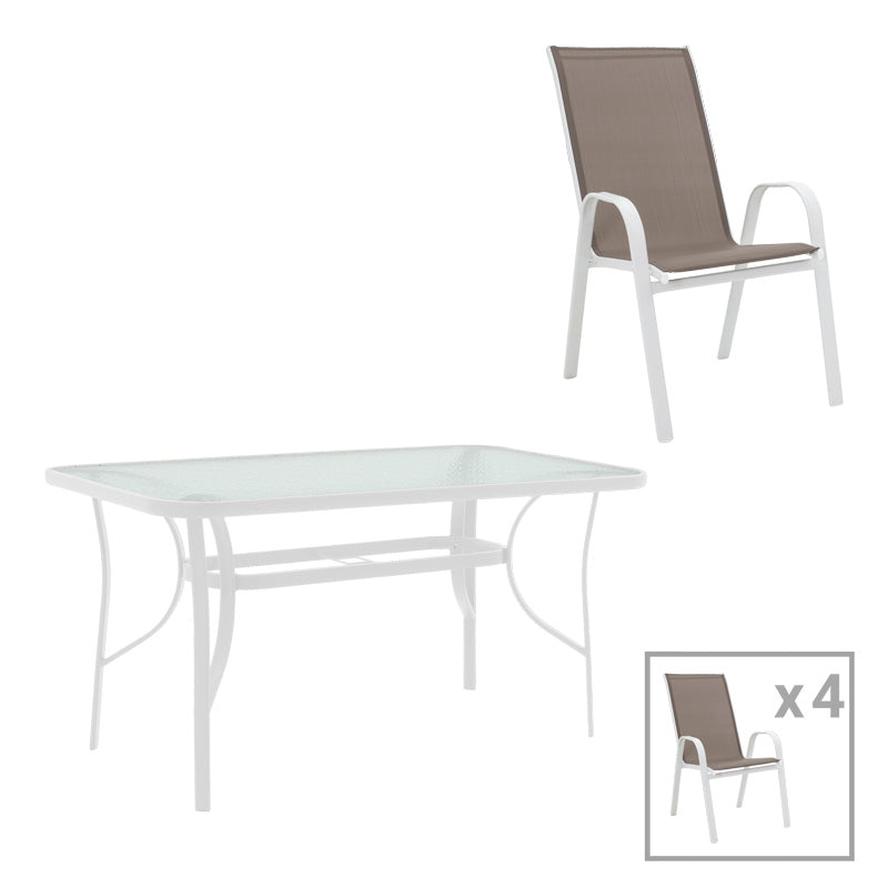 Masă de sufragerie cu set 5 piese Calan-Ensure, stil modern, metal-sticla, alb, 120x70x70cm
