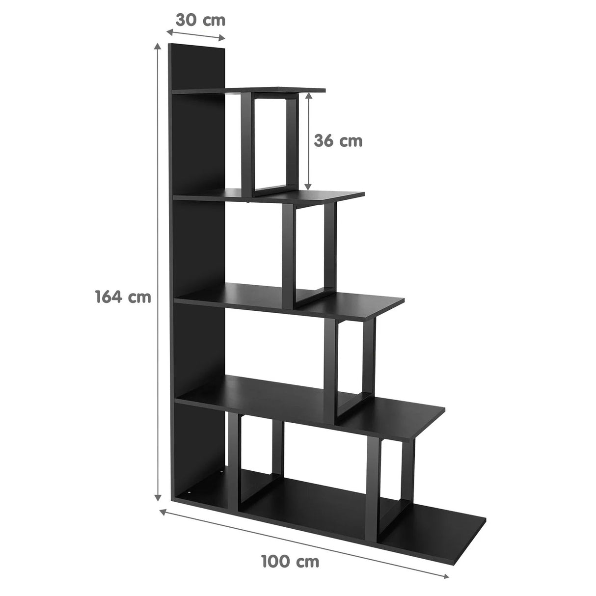 Bibliotecă Step, Antracit - Negru, 100x30x164 cm