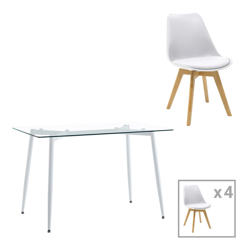 Set de sufragerie 5 bucati cu blat de sticla Quana-Gaston, Stil Modern, Sticla 8mm Transparent/ Alb, 120x70x75cm.