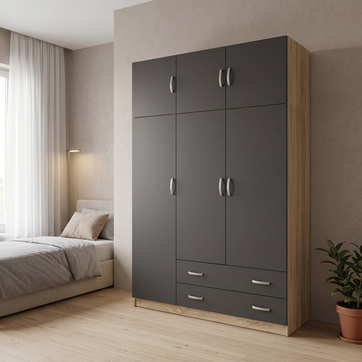 Dulap de haine Alvia, 3 uși, cu extensie superioară, Diverse culori, 150x51x240 cm - Sonoma-Antracit | SKU: 200-002083 | Dulap de haine Alvia, 3 uși, cu extensie superioară, 150x51x240 cm, varianta Sonoma-Antracit, produs pentru amenajarea locuinței, disponibil online în România la CasaMob