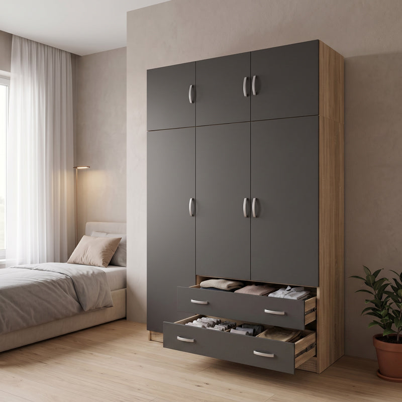 Dulap de haine Alvia, 3 uși, cu extensie superioară, Diverse culori, 150x51x240 cm - Sonoma-Antracit | SKU: 200-002083 | Dulap de haine Alvia, 3 uși, cu extensie superioară, 150x51x240 cm, varianta Sonoma-Antracit, produs pentru amenajarea locuinței, disponibil online în România la CasaMob