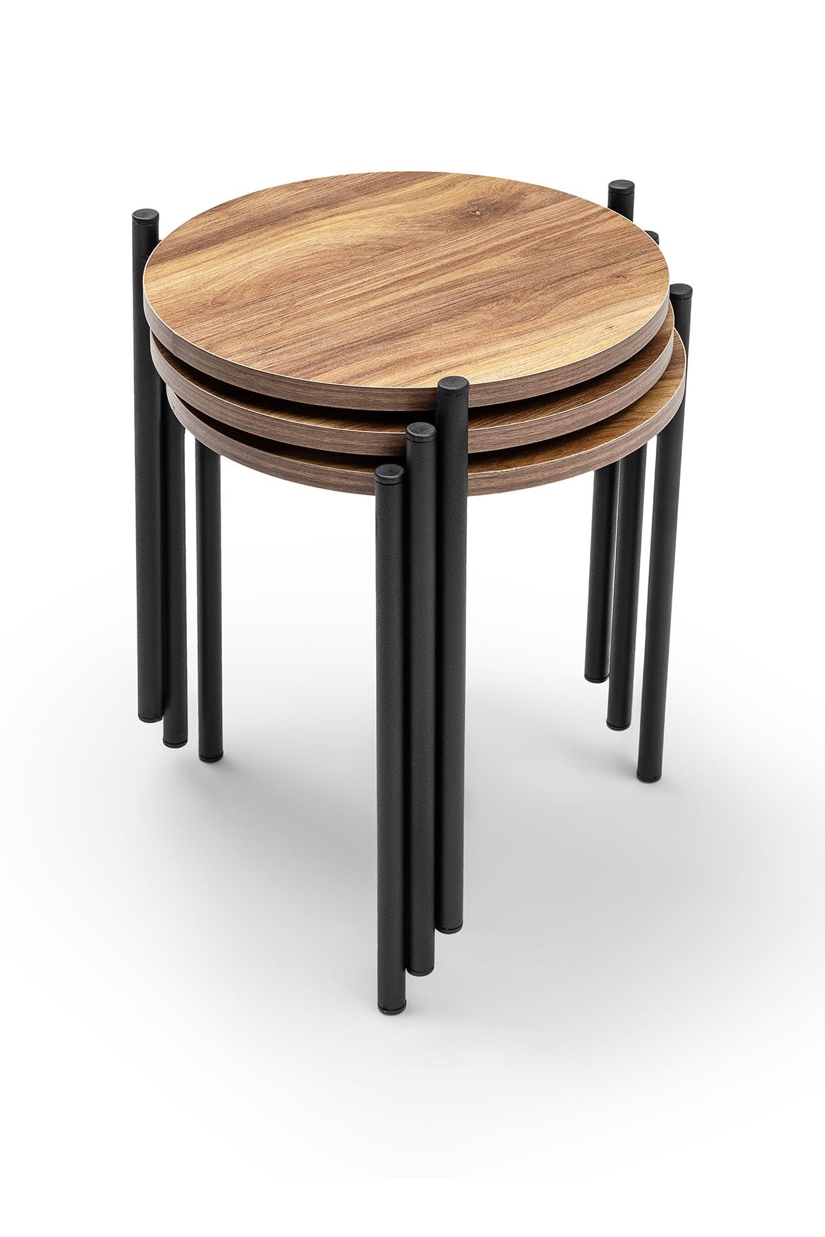 Set 3 măsuțe de cafea Yuvarlak Zigon Set, Stejar - Negru, 39x39x45 cm