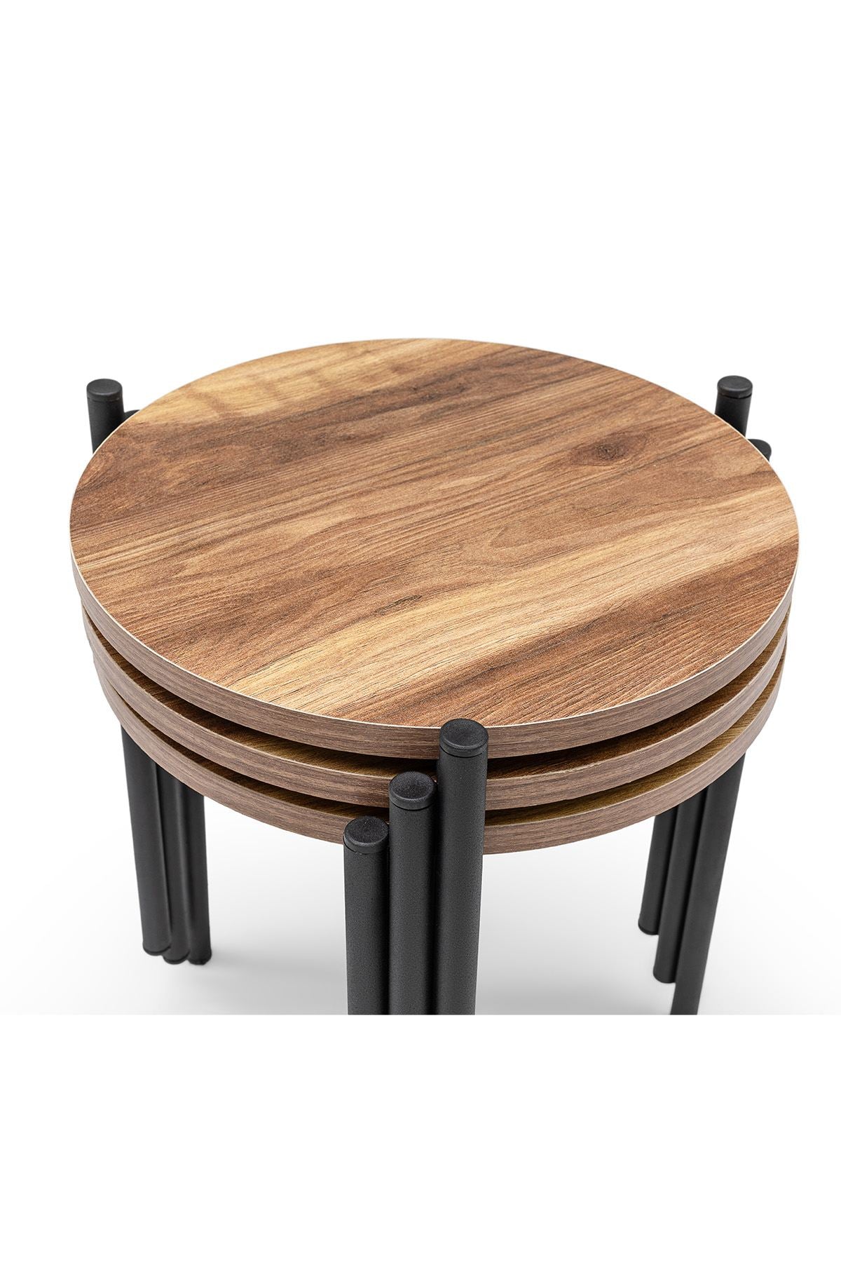 Set 3 măsuțe de cafea Yuvarlak Zigon Set, Stejar - Negru, 39x39x45 cm