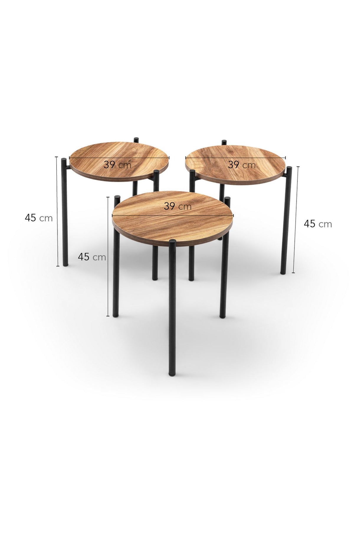 Set 3 măsuțe de cafea Yuvarlak Zigon Set, Stejar - Negru, 39x39x45 cm