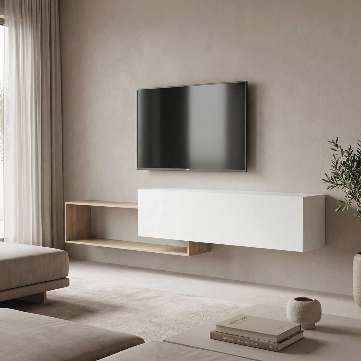 Comodă TV Olande, Diverse culori, 210x35x48 cm - Sonoma-Alb | SKU: 230-000283 | Comodă TV Olande, 210x35x48 cm, varianta Sonoma-Alb, produs pentru amenajarea locuinței, disponibil online în România la CasaMob