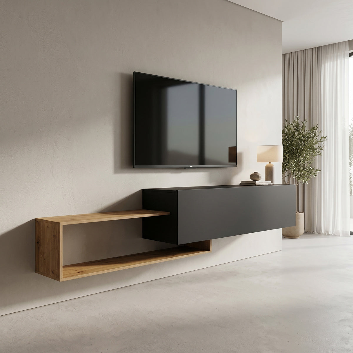 Comodă TV Olande, Diverse culori, 210x35x48 cm - Stejar-Negru | SKU: 230-000284 | Comodă TV Olande, 210x35x48 cm, varianta Stejar-Negru, produs pentru amenajarea locuinței, disponibil online în România la CasaMob