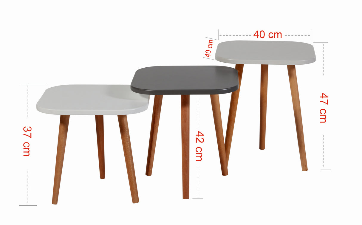 Set 3 măsuțe de cafea Tuvalle 049, Antracit - Gri deschis - Alb - Stejar, 40x40x37 cm