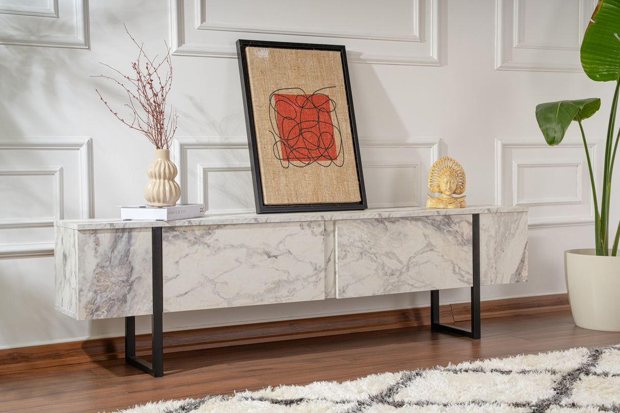 Comodă TV Serenity - Fressia, Diverse culori, 180x30x50 cm - Freesia marble - Negru | SKU: 241NRD1306 | Comodă TV Serenity - Fressia, 180x30x50 cm, varianta Freesia marble - Negru, produs pentru amenajarea locuinței, disponibil online în România la CasaMob