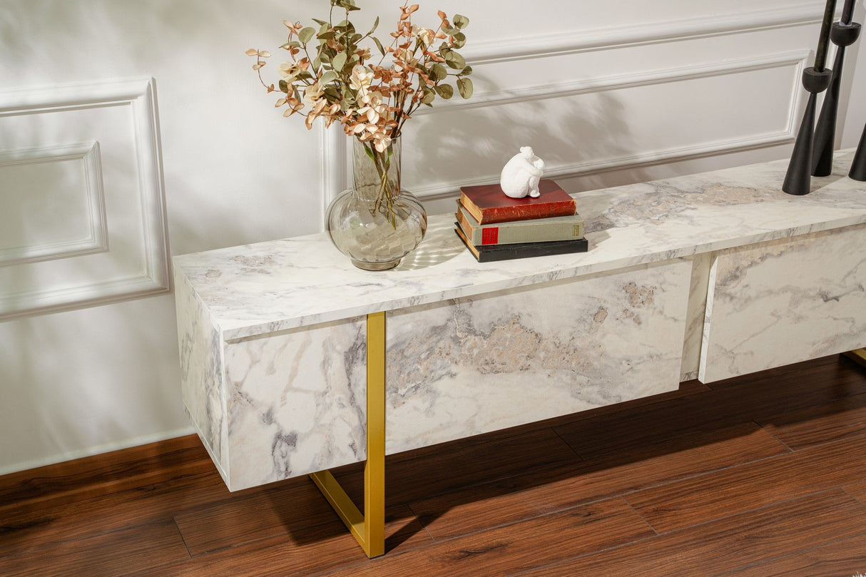 Comodă TV Serenity - Fressia, Diverse culori, 180x30x50 cm - Freesia marble - Auriu | SKU: 241NRD1307 | Comodă TV Serenity - Fressia, 180x30x50 cm, varianta Freesia marble - Auriu, produs pentru amenajarea locuinței, disponibil online în România la CasaMob