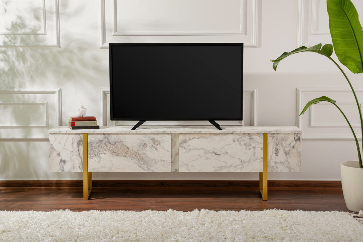 Comodă TV Serenity - Fressia, Diverse culori, 180x30x50 cm - Freesia marble - Auriu | SKU: 241NRD1307 | Comodă TV Serenity - Fressia, 180x30x50 cm, varianta Freesia marble - Auriu, produs pentru amenajarea locuinței, disponibil online în România la CasaMob