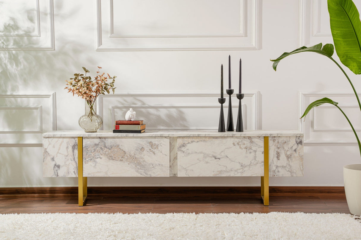 Comodă TV Serenity - Fressia, Diverse culori, 180x30x50 cm - Freesia marble - Auriu | SKU: 241NRD1307 | Comodă TV Serenity - Fressia, 180x30x50 cm, varianta Freesia marble - Auriu, produs pentru amenajarea locuinței, disponibil online în România la CasaMob