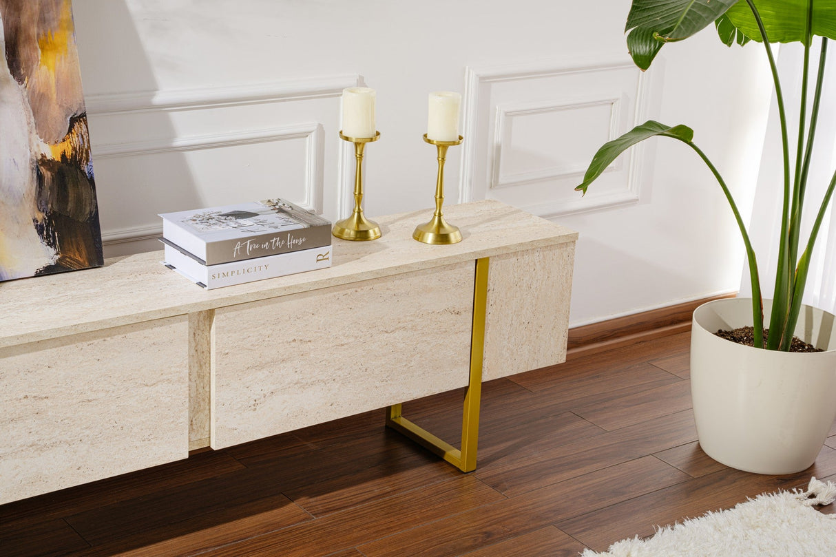 Comodă TV Serenity, Diverse culori, 180x30x50 cm - Travertin - Auriu | SKU: 241NRD1308 | Comodă TV Serenity, 180x30x50 cm, varianta Travertin - Auriu, produs pentru amenajarea locuinței, disponibil online în România la CasaMob