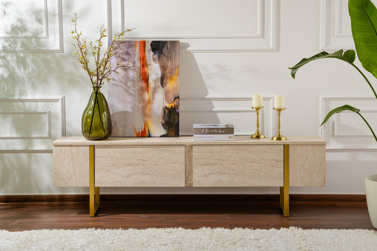 Comodă TV Serenity, Diverse culori, 180x30x50 cm - Travertin - Auriu | SKU: 241NRD1308 | Comodă TV Serenity, 180x30x50 cm, varianta Travertin - Auriu, produs pentru amenajarea locuinței, disponibil online în România la CasaMob