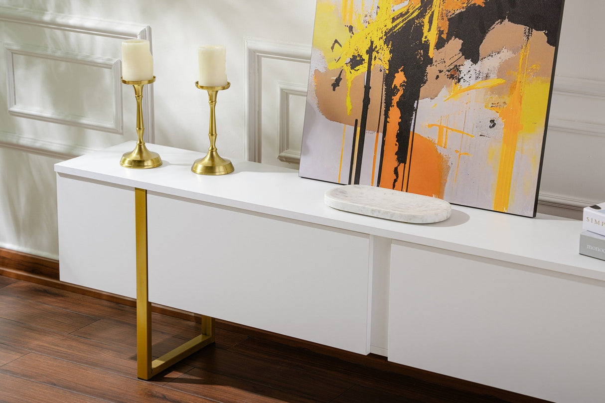 Comodă TV Serenity, Diverse culori, 180x30x50 cm - Alb - Auriu | SKU: 241NRD1312 | Comodă TV Serenity, 180x30x50 cm, varianta Alb - Auriu, produs pentru amenajarea locuinței, disponibil online în România la CasaMob