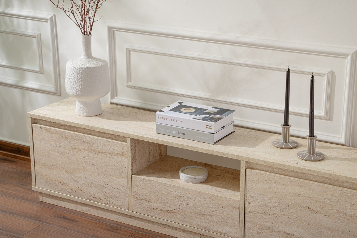 Comodă TV Vanguard, Diverse culori, 160x30x42 cm - Travertin | SKU: 241NRD1315 | Comodă TV Vanguard, 160x30x42 cm, varianta Travertin, produs pentru amenajarea locuinței, disponibil online în România la CasaMob