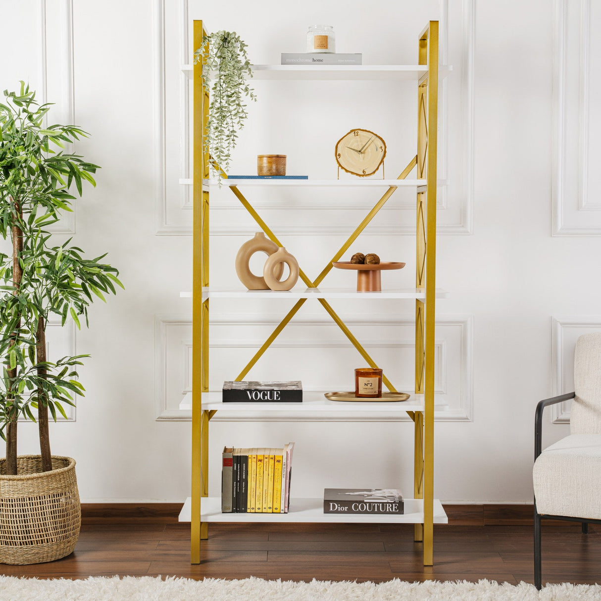 Bibliotecă Elysian, Diverse culori, 90x34x180 cm - Alb - Auriu | SKU: 241NRD1335 | Bibliotecă Elysian, 90x34x180 cm, varianta Alb - Auriu, produs pentru amenajarea locuinței, disponibil online în România la CasaMob