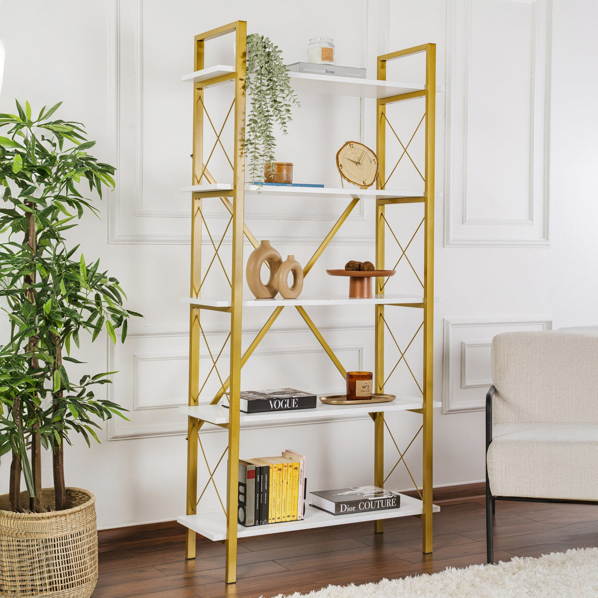 Bibliotecă Elysian, Diverse culori, 90x34x180 cm - Alb - Auriu | SKU: 241NRD1335 | Bibliotecă Elysian, 90x34x180 cm, varianta Alb - Auriu, produs pentru amenajarea locuinței, disponibil online în România la CasaMob