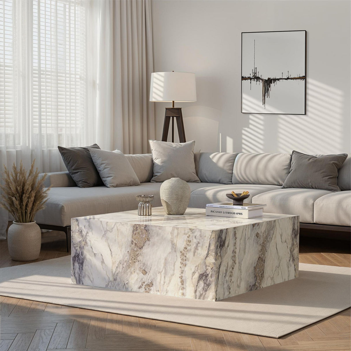 Măsuță de cafea Prizma, Freesia marble, 90x90x35 cm