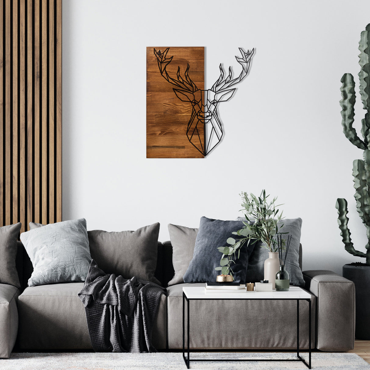 Decorațiune de perete din lemn Deer1, Negru - Nuc, 56x58x0 cm