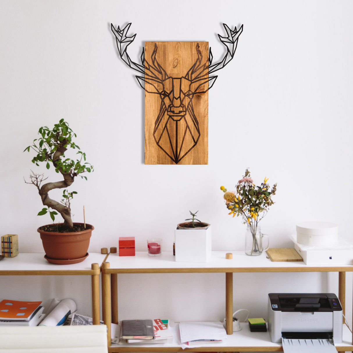 Decorațiune de perete din lemn Deer, Negru - Nuc, 61x66x0 cm