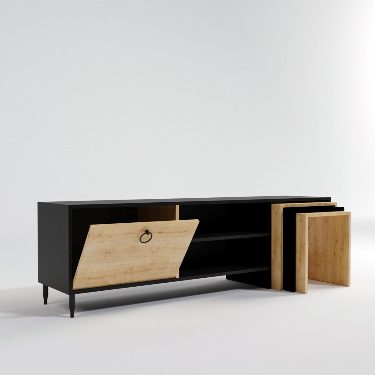 Comodă TV Zigon - L501, Negru - Stejar, 180x40x55 cm