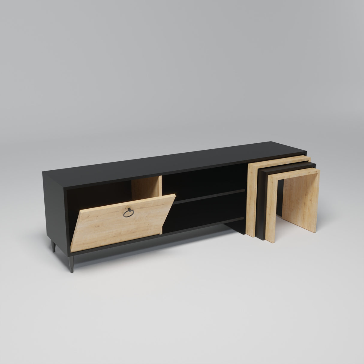 Comodă TV Zigon - L503, Stejar - Negru, 180x40x55 cm