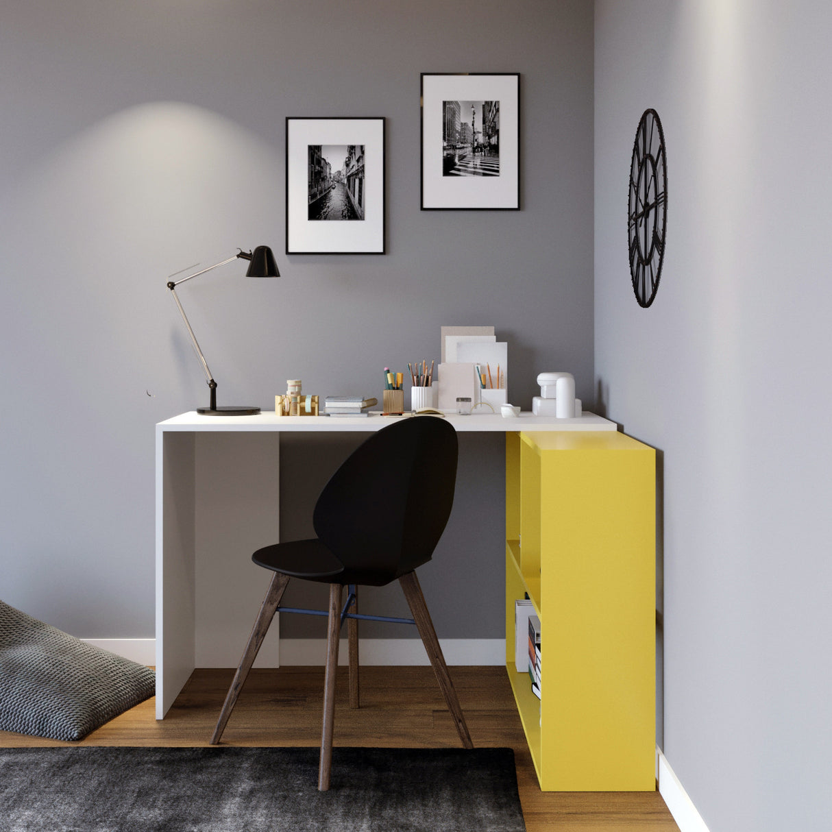 Birou Caneda - L156, Alb - Galben, 120x50x75 cm
