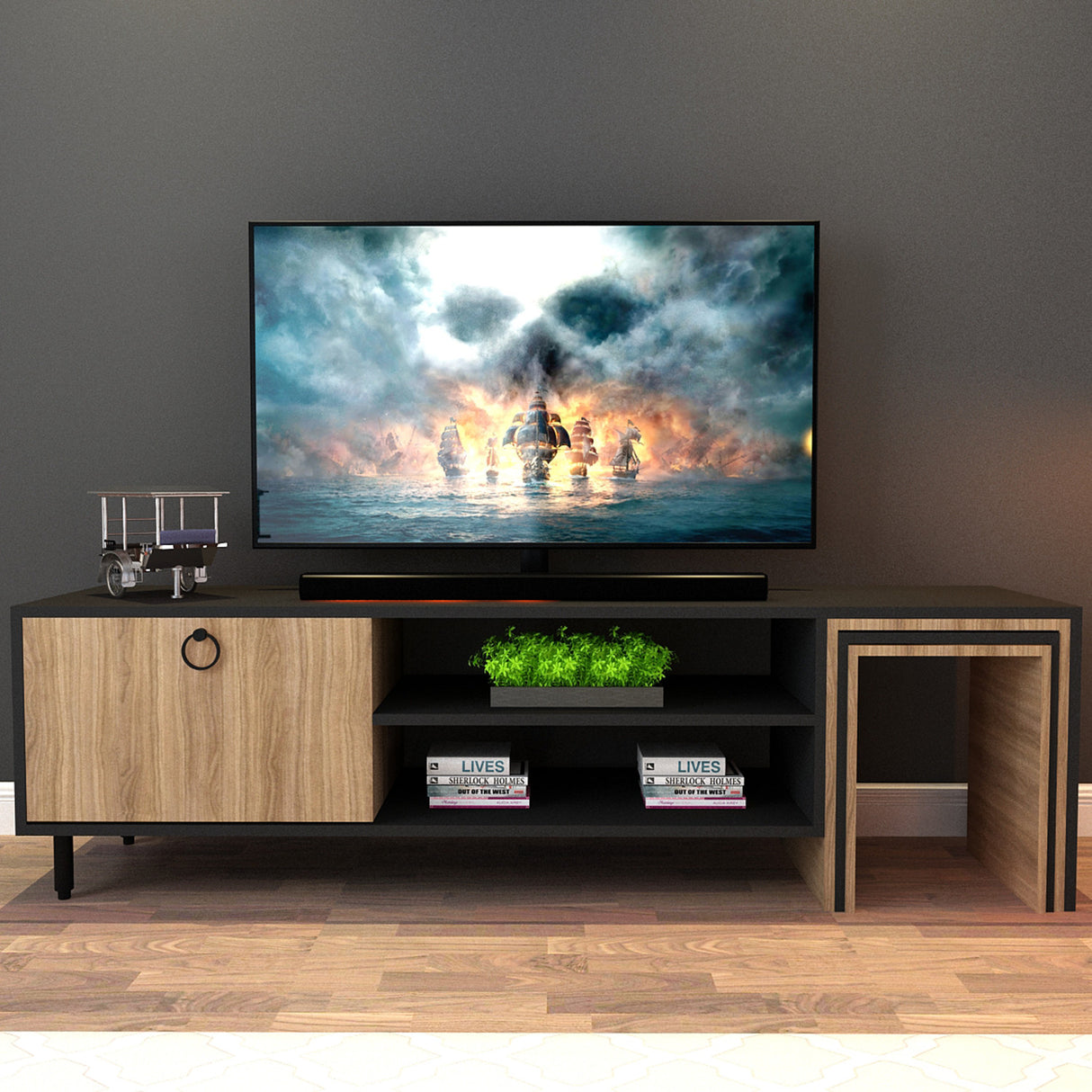 Comodă TV Zigon - L503, Stejar - Negru, 180x40x55 cm