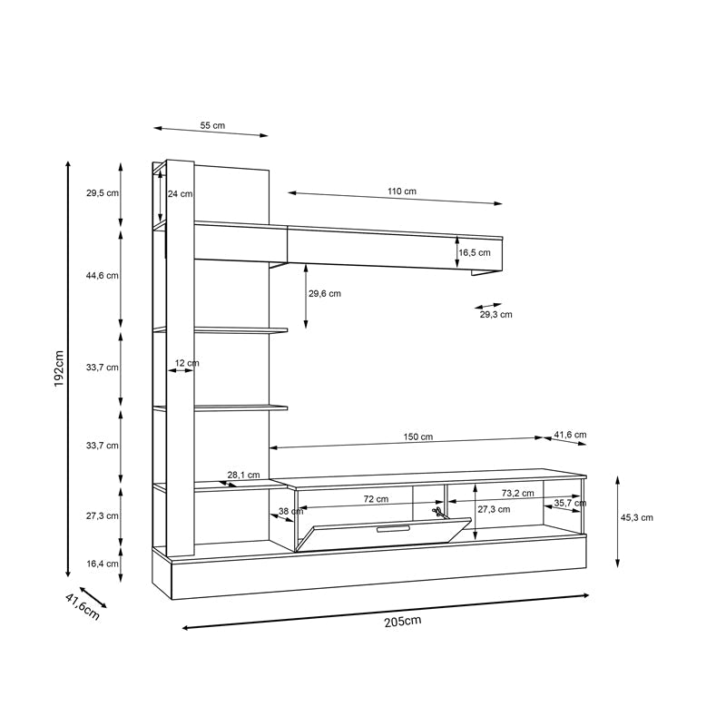 Ansamblu comoda TV Dranko negru stejar melaminat 205x42x192 cm