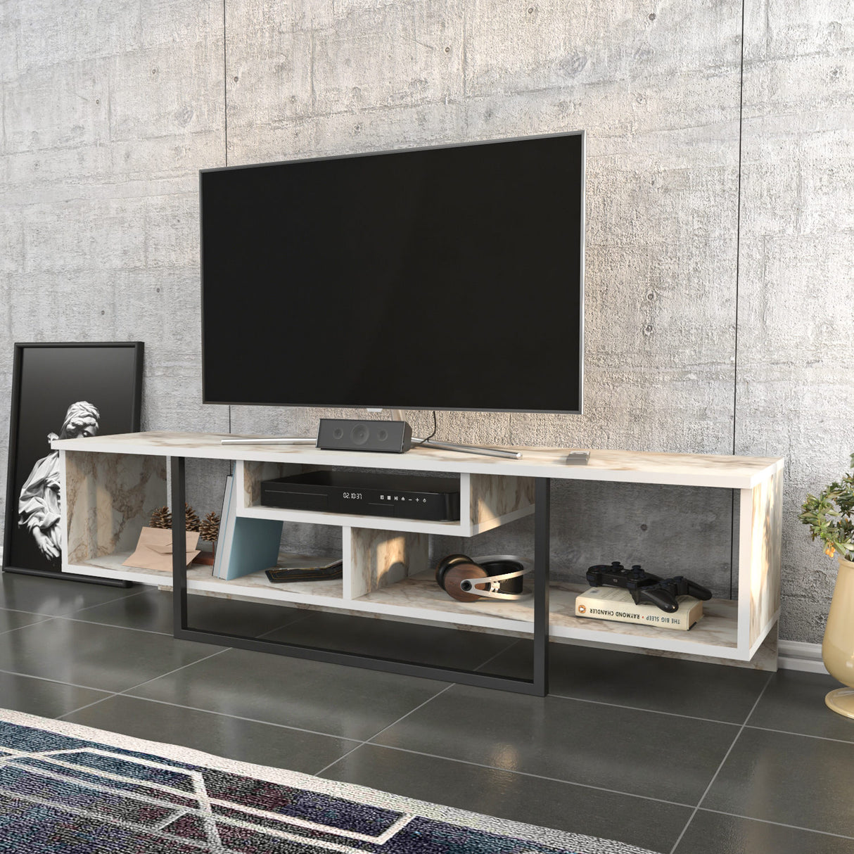 Comodă TV Asal 150 - Black, Ephesus, Negru - Alb, 150x35x40 cm