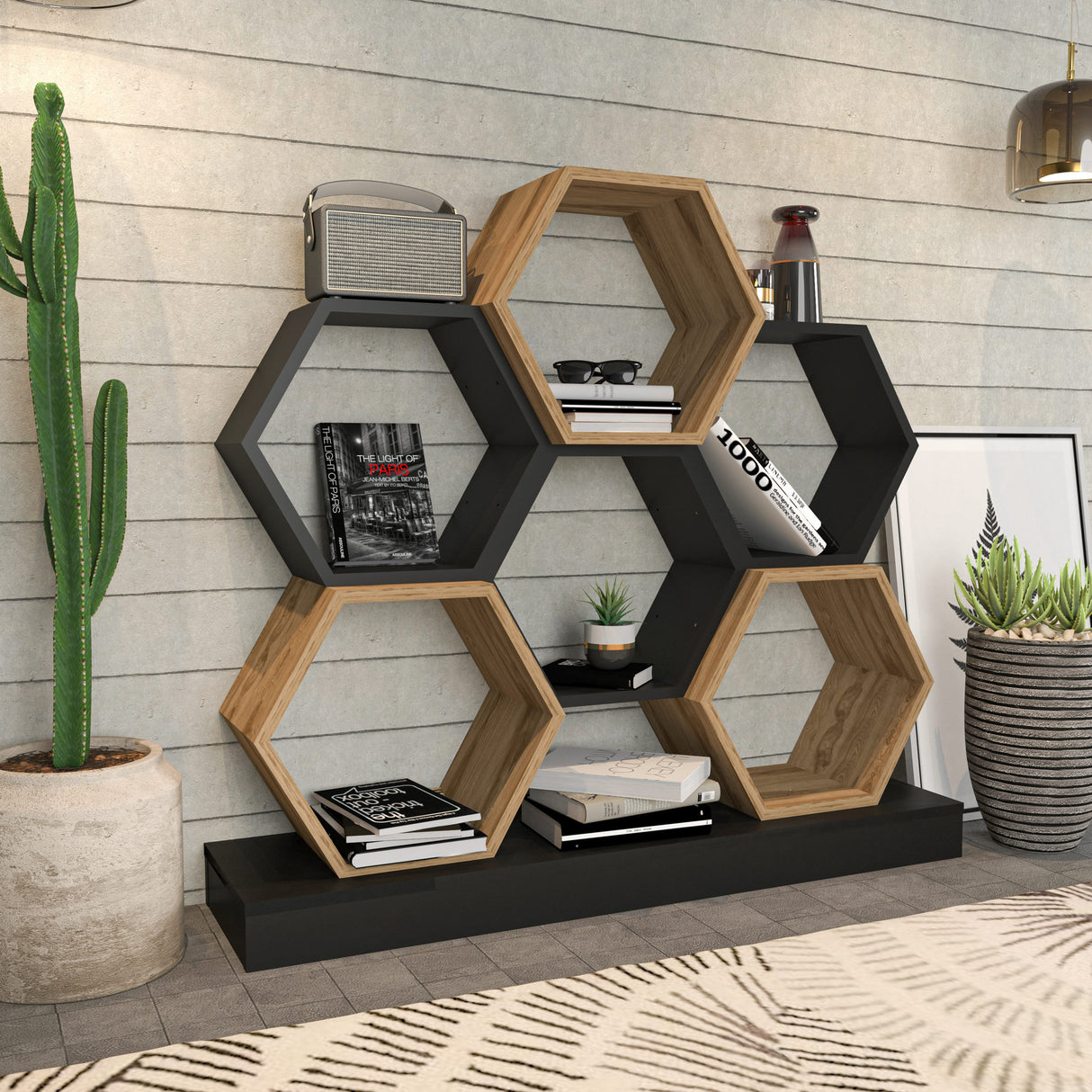 Bibliotecă Cicek, Diverse culori, 120x30x109 cm - Negru - Stejar | SKU: 322RTC1101 | Bibliotecă Cicek, 120x30x109 cm, varianta Negru - Stejar, produs pentru amenajarea locuinței, disponibil online în România la CasaMob