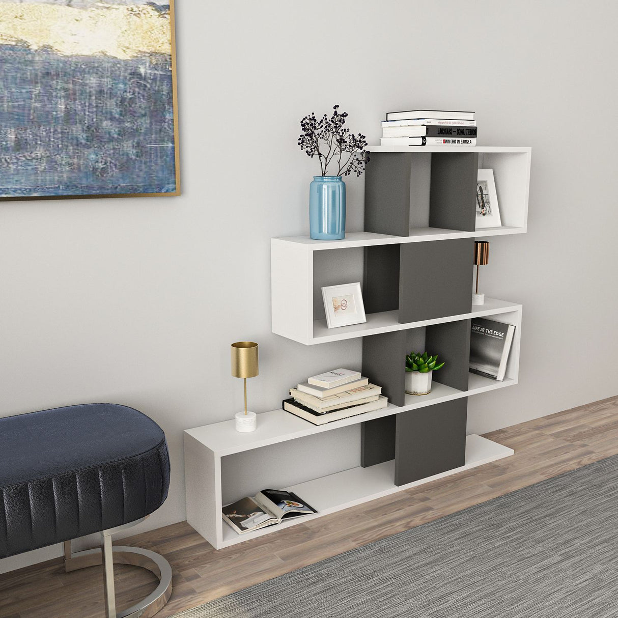 Bibliotecă Karlin, Alb - Antracit, 120x20x109 cm