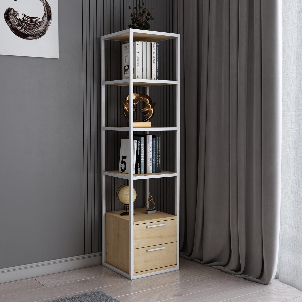 Bibliotecă Robbins, Diverse culori, 39x39x160 cm - Alb - Stejar | SKU: 322RTC1122 | Bibliotecă Robbins, 39x39x160 cm, varianta Alb - Stejar, produs pentru amenajarea locuinței, disponibil online în România la CasaMob