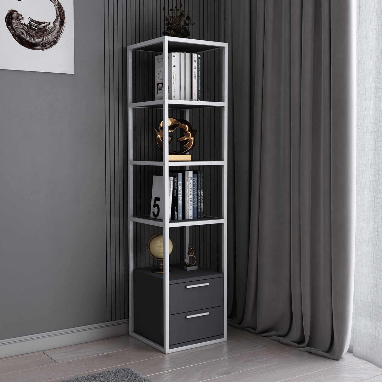 Bibliotecă Robbins, Diverse culori, 39x39x160 cm - Alb - Antracit | SKU: 322RTC1123 | Bibliotecă Robbins, 39x39x160 cm, varianta Alb - Antracit, produs pentru amenajarea locuinței, disponibil online în România la CasaMob