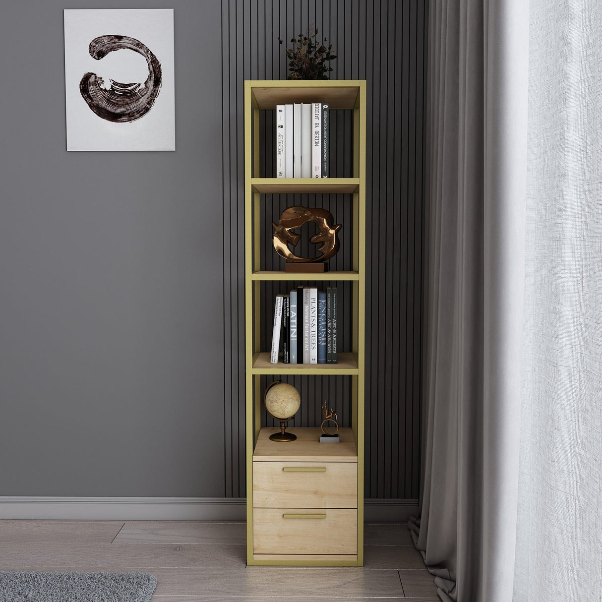 Bibliotecă Robbins, Diverse culori, 39x39x160 cm - Auriu - Stejar | SKU: 322RTC1126 | Bibliotecă Robbins, 39x39x160 cm, varianta Auriu - Stejar, produs pentru amenajarea locuinței, disponibil online în România la CasaMob