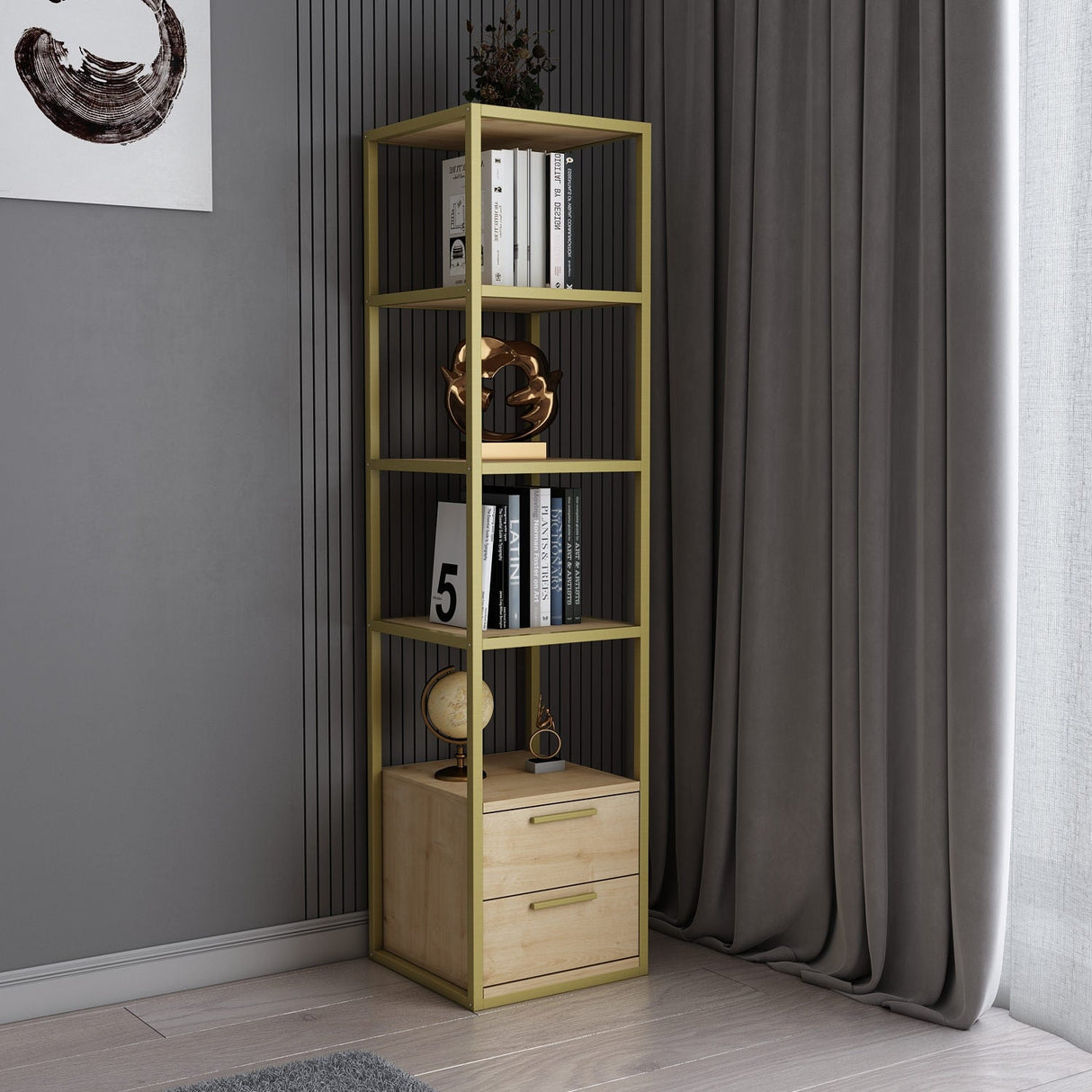 Bibliotecă Robbins, Diverse culori, 39x39x160 cm - Auriu - Stejar | SKU: 322RTC1126 | Bibliotecă Robbins, 39x39x160 cm, varianta Auriu - Stejar, produs pentru amenajarea locuinței, disponibil online în România la CasaMob