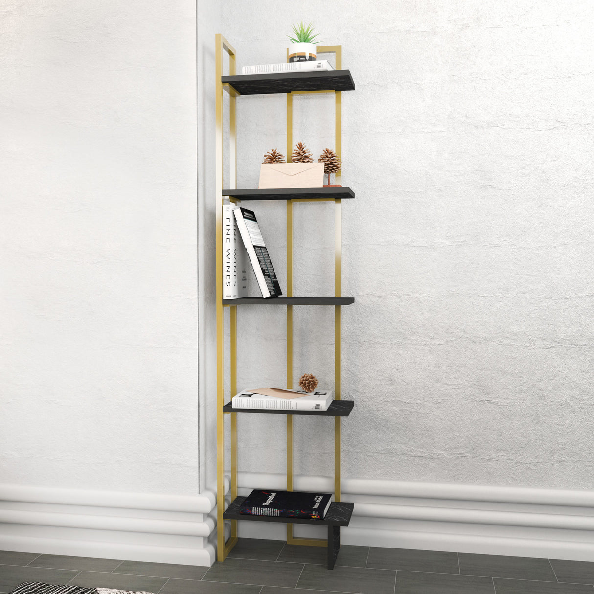 Bibliotecă Alice, Negru - Auriu, 45x22x180 cm