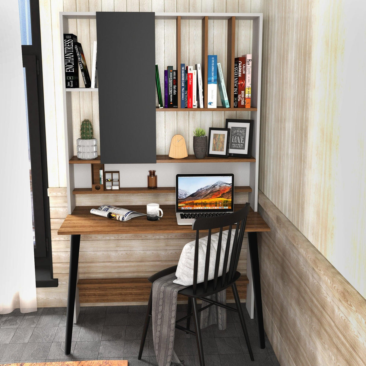 Birou Wood cu biblioteca, 120x60x196.6 cm - Nuc, SKU 322RTC1318