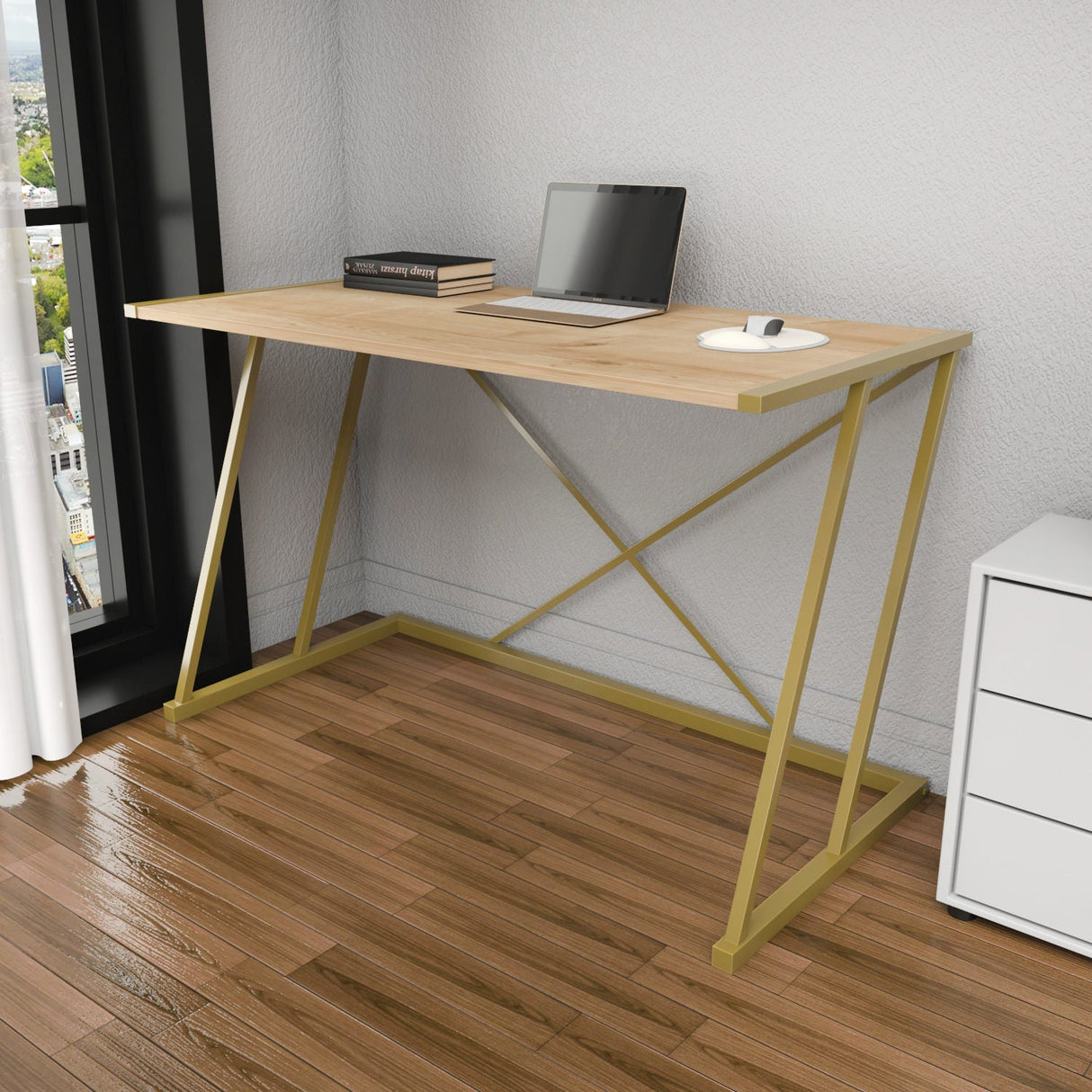 Birou Adelaide, Diverse culori, 114x60x75 cm - Auriu - Stejar | SKU: 322RTC1393 | Birou Adelaide, 114x60x75 cm, varianta Auriu - Stejar, produs pentru amenajarea locuinței, disponibil online în România la CasaMob