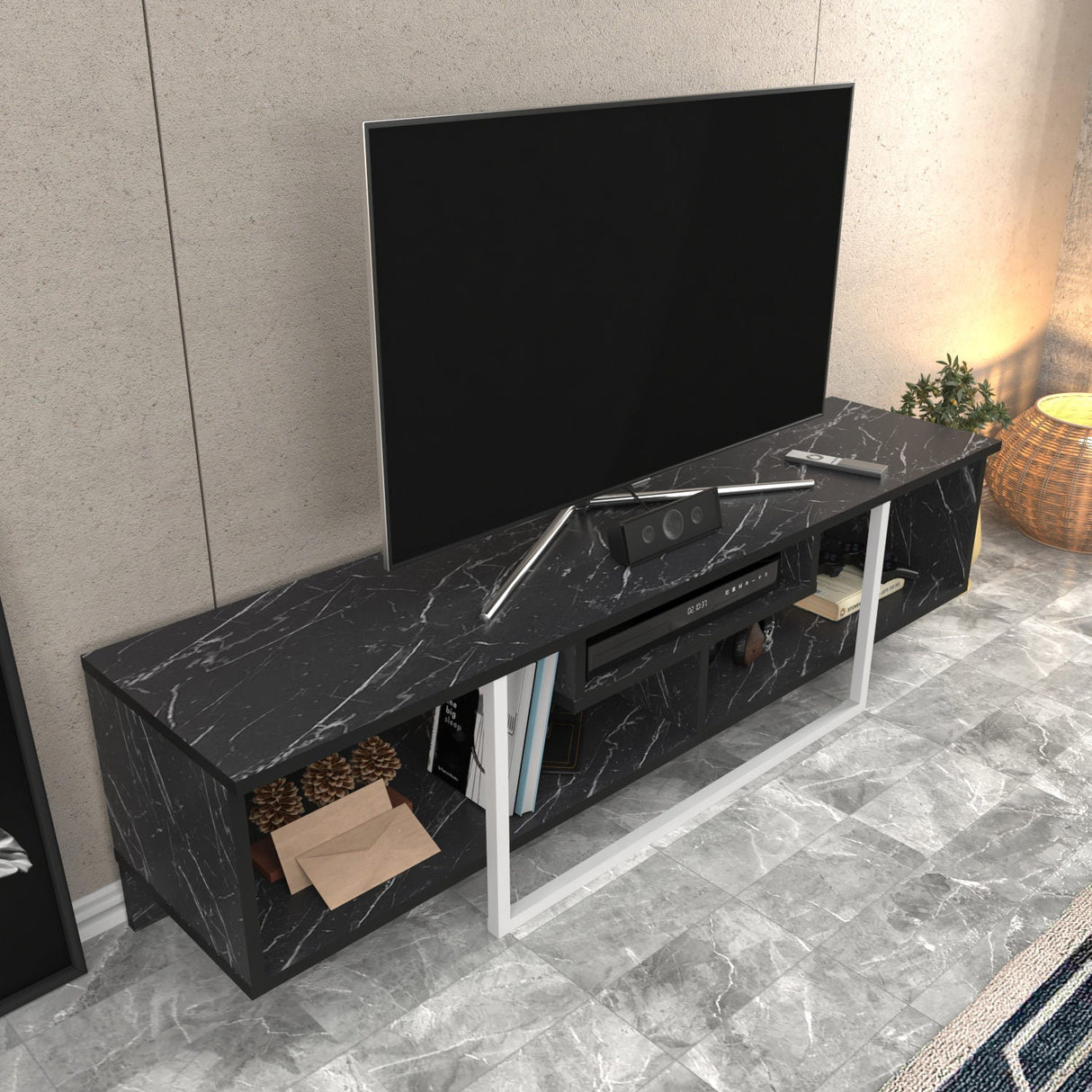 Comodă TV Asal 150, Diverse culori, 150x35x40 cm - Negru - Alb | SKU: 322RTC2109 | Comodă TV Asal 150, 150x35x40 cm, varianta Negru - Alb, produs pentru amenajarea locuinței, disponibil online în România la CasaMob